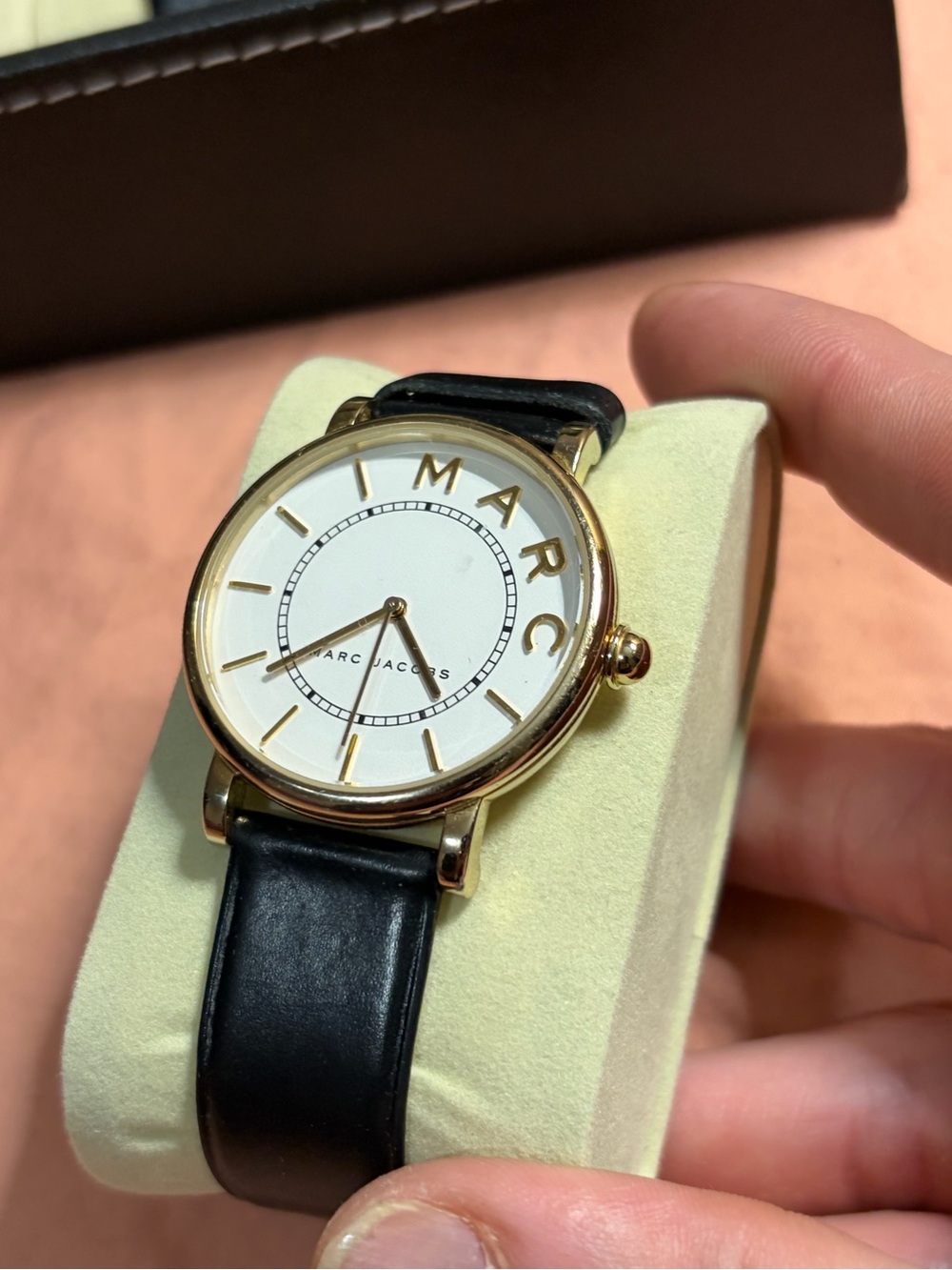 Marc Jacobs Gold-Tone Case Black Leather Strap Watch with White Dial